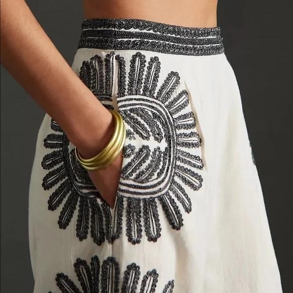 Anthropologie Ollari Cream Embellished Wide Leg Pants - Picture 6 of 16